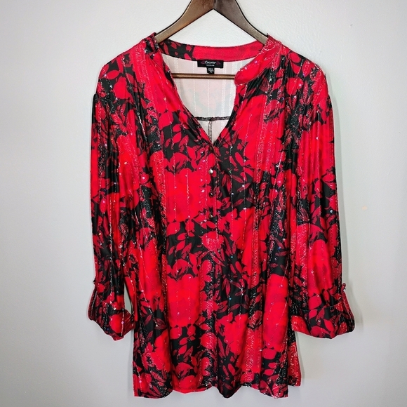 Cocomo Top Womens Plus 2X Red Black Floral Sequin Pintuck Goth Dark Feminine - Picture 10 of 10